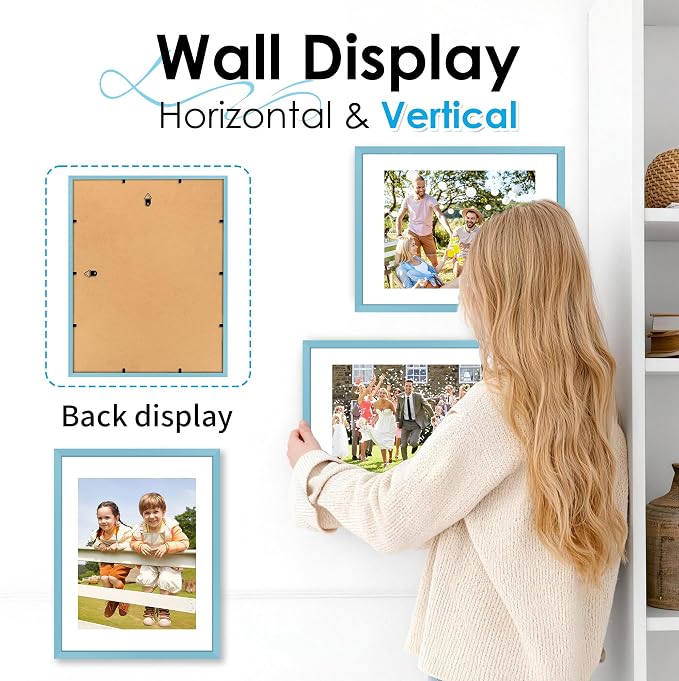 FIXSMITH 11x14 Picture Frame 2 Pack, Blue Photo Frame with HD Plexiglass, Display Pictures 8x10 with Mat or 11x14 Without Mat, Black Picture Frames Collage Wall Decor, Gallary Wall Frame