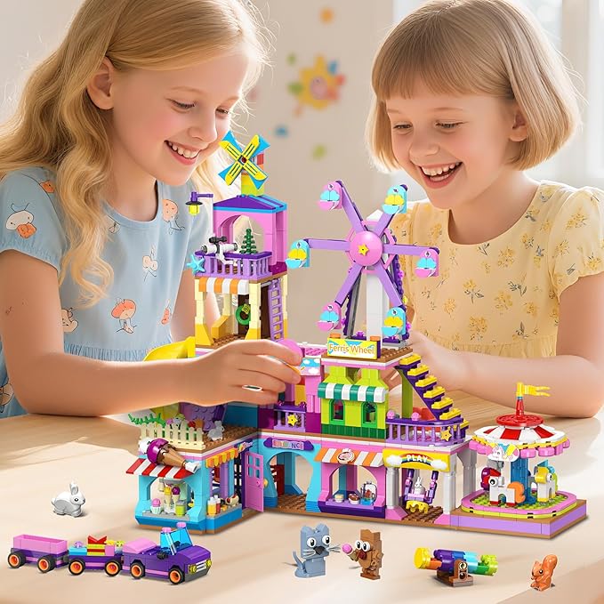 HOGOKIDS 3 Modes Girls Park Building Set - Friendship City Park Building Blocks Toy Set, Friends DIY Building Toys with Ferris Wheel, Spinning Carousel, Slide | Gifts for Girls Boys Age 8 9 10 11 12+