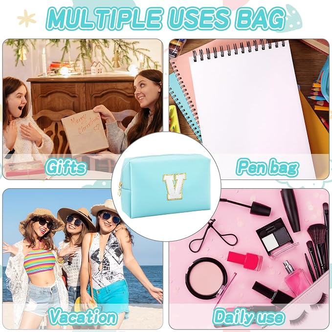 URSKYTOUS Gifts for Girls Initial Makeup Bag Personalized Cosmetic Bag with Zipper Cute Travel Toiletry Bag Waterproof PU Preppy Makeup Pouch Birthday Gift for Teen Girls Women(Blue V)