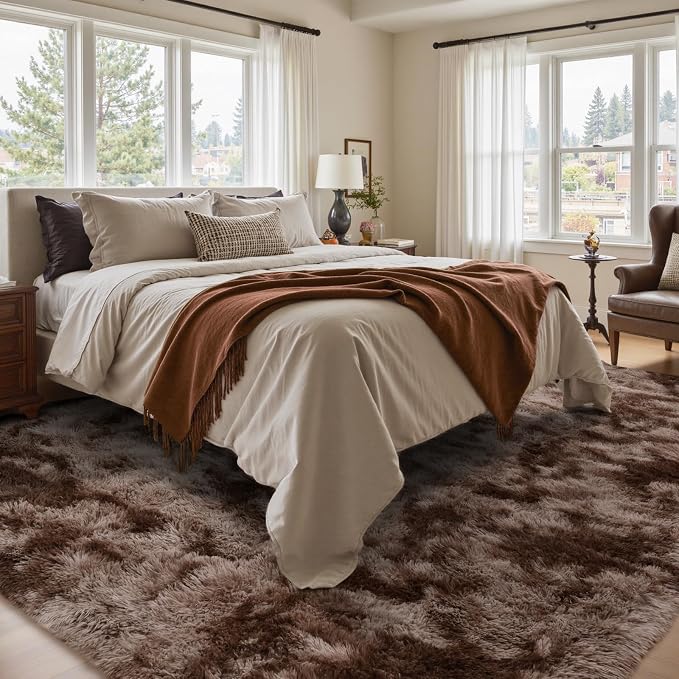 5x8 Ft Shag Brown Area Rug for Bedroom Living Room, Tie-Dyed Ultra Soft Fluffy Furry Rugs for Indoor Floor, Aesthetic Carpet for Kids Home Decor (Coffee)