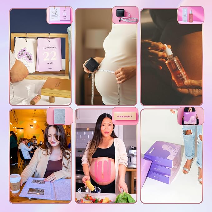 Pregnancy Essentials Box - 5-Piece Pregnancy Care Package for Expecting Mom - Belly Growth Tape, Countdown Calendar, Belly Oil, Kinesiology Tape, Organizer - Any Trimester Gift Basket