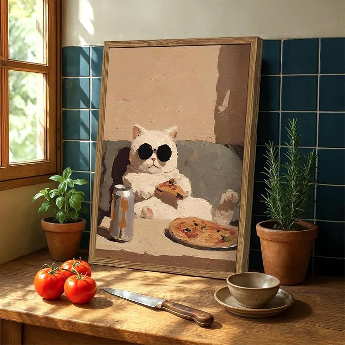 Funny Kitchen Cat Wall Art, Whimsical Animal Wall Decor Painting 3D Textured Sandstone Poster Picture Print Cute Cat Artwork for Bedroom Dining Room Nursery 12x16 inch Wood Framed