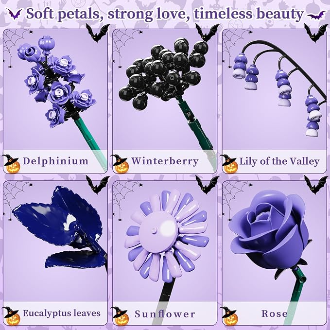 Halloween Purple Black Roses Flowers Bouquet Building Set, Botanical Collection Blocks Artificial Flowers Plant for Adults Women Girlfriend - Gifts for Valentines Birthday Christmas- Gothic Home Decor