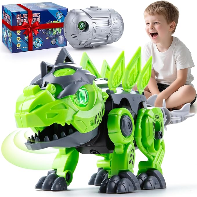 Electric Dinosaur Building Blocks, Self-Moving Stegosaurus with LED Glowing Eyes & Roar Sounds, STEM Learning Toys for Boys 6-8 Years, Educational Building Kit Gifts