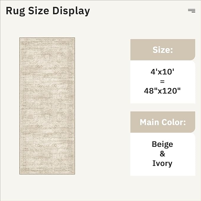 Soalmost Washable 4x10 Hallway Runner Rug Non-Slip Kitchen Entry Rugs Beige | Vintage Wide Runners for Living Dining Room Entryway, Stain Resistant Low-Pile Long Floor Carpet 10ft for Corridor Bedroom