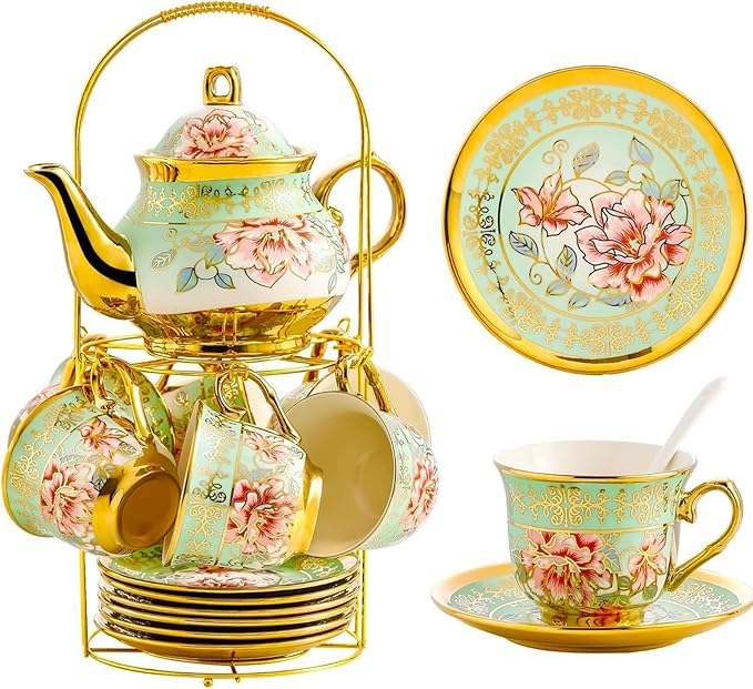 20 Pieces Porcelain Tea Set With Metal Holder, European Ceramic tea set for adults,Flower Tea Set,Tea Set For Women With Flower Painting（Light Green）