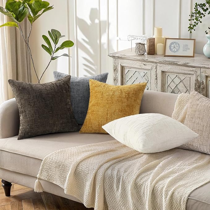 decorUhome Textured Chenille Throw Pillow Covers 18x18 Set of 2 Yellow | Fall Modern Farmhouse Soft Cozy Slubby Couch Pillow Cases Boho Decorative Pillow Cases for Bed Sofa Living Room Home Decor