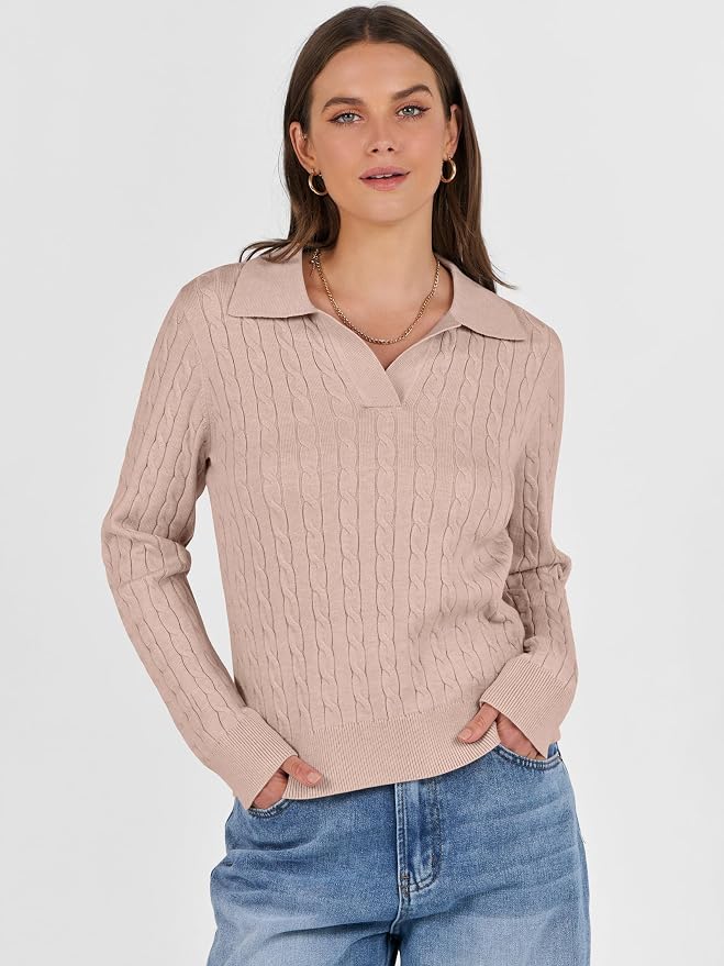 ANRABESS Womens Cable Knit Sweaters Long Sleeve V Neck | Pullover Collared Sweater Tops, Polo Knit Shirts, Business Casual Work, Tennis Golf, Fall Winter Fashion Outfits