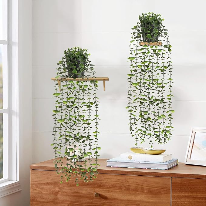 Waipfaru 2Pcs Fake Hanging Plants with Pot, Potted Faux Eucalyptus | Fake Vines Ivy Artificial Plants Outdoor Faux Plants Indoor Bedroom Living Room Boho Wall Porch Shelf Decor
