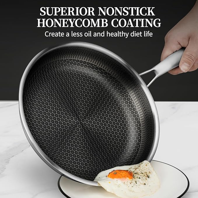 6 Pieces Stainless Steel Frying Pan Set with Lids(8"+9.5"+11") | Honeycomb Nonstick Frying Pan Set, Induction & Oven Safe, Stay-Cool Handles, Compatible with All Cooktops, PFOA Free