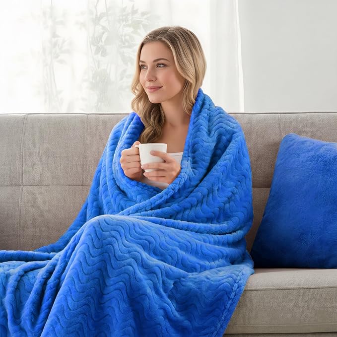 Exclusivo Mezcla Large Fleece Throw Blanket for Couch, Sofa, Cobalt Blue | 50"x70" Soft Breathable Lightweight Flannel Throws for Summer, Plush Cozy Jacquard Wave Blanket for Home Decor