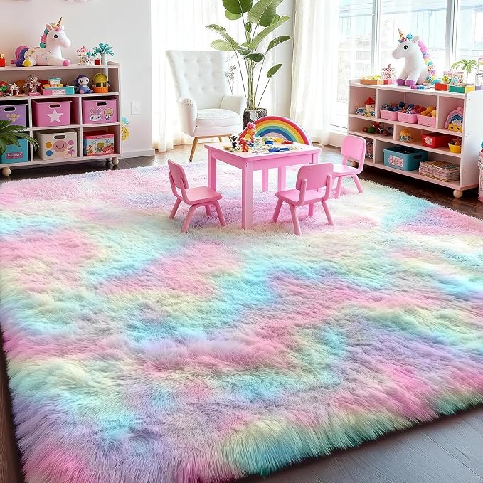 PAGISOFE 8x10 Rainbow Large Area Rug,Plush Rugs for Bedroom Girls,Shaggy Vibrant Carpet for Kids Room,Fuzzy Nursery Rug for Baby's Toddler's Room,Clorful Room Decor for Teenage Pastel Princess Rug
