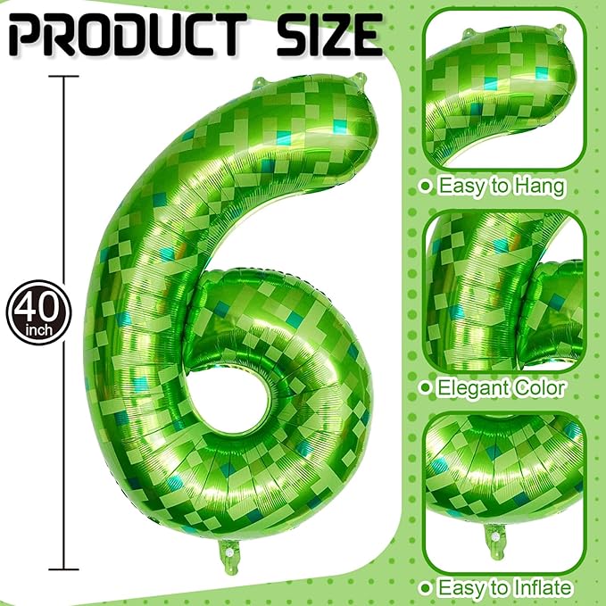 Gaint Green Pixel Number 6 Balloon, Dark Kelly Green Self Inflating 6 Balloons Number, 40 Inch Pixel Foil Six Balloon for Boys Kids 6th Birthday Party Video Game Forest Golf Patrick's Day Decorations