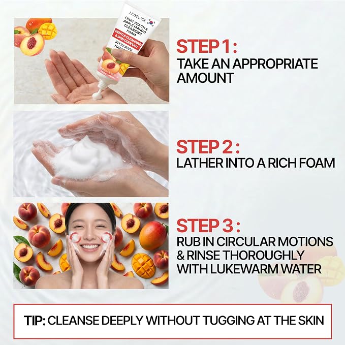 LEBELAGE Korean Peach&Apple&Mango Facial Cleanser 3.38 oz | Cleansing Foam Face Wash | Low pH Gentle Hydrating Daily Facial Cleanser Sensitive Skin | Deep Cleansing Foaming Cleanser, Pore Care