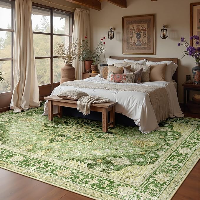 RELEANY Area Rugs Large 10'x14' Washable Non-Slip, Floral Vintage Distress Medallion Carpet for Living Room Bedroom Dining Room, Sage Green Yellow