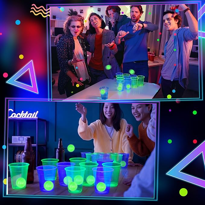 32 Pcs Glow in The Dark Party Table Tennis Game Set Include 24 Pcs Glowing Plastic Cups and 8 Balls for Indoor Outdoor Party Event Birthdays Weddings BBQ Parties