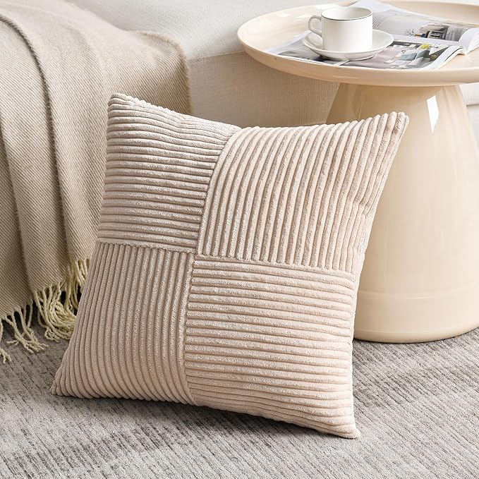 Fancy Homi 2 Packs Tan Samll Decorative Throw Pillow Covers 12x12 Inch with for Couch Bed Sofa, Rustic Farmhouse Boho Home Decor, Soft Corss Patchwork Corduroy Square Beige Cushion Case 30x30 cm