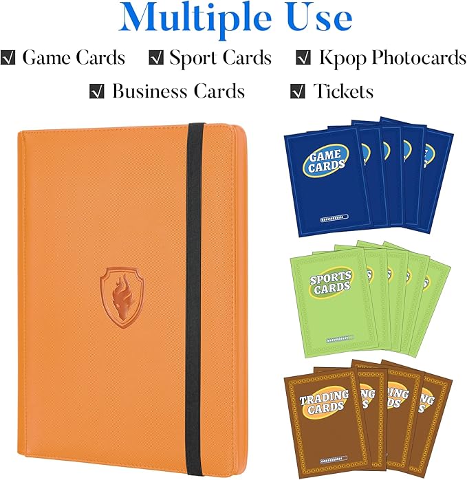 Premium 9 Pocket Card Binder for 360 Cards, Fabmaker PU Cover Trading Card Binder, Sturdy Card Collection Album, Sleek Card Holder Folders for Game Cards & Sports Cards, Orange