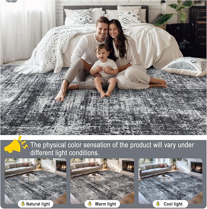 8x10 Area Rugs for Living Room - Washable Rug Modern Abstract Soft Large Neutral Non-Slip Carpet Indoor Floor Thin Carpets for Bedroom Dining Room Farmhouse Nursery Home Office Dark Black