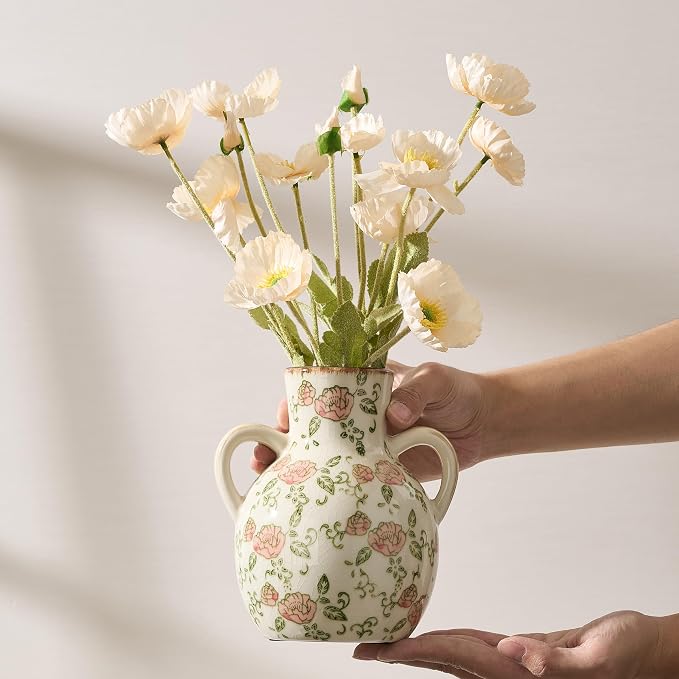 SIDUCAL Ceramic Vintage Pastoral Vase with Handles, 7 Inch Chinoiserie Floral Vase, Retro Ice Cracked Rustic Farmhouse Vases for Home Decor, Living Room, Bookshelf, Office, Tuscan Decor, Red Rose