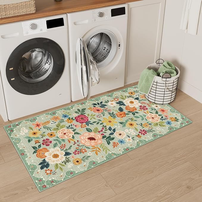 DUKINO 2x4 Entryway Rug, Floral Washable Kitchen Rugs Non Slip, Green | Low Pile, Soft Indoor Runner Rug for Hallway, Bedroom, Bathroom, Laundry, Pet Friendly, Modern Home Decor, Stain Resistant