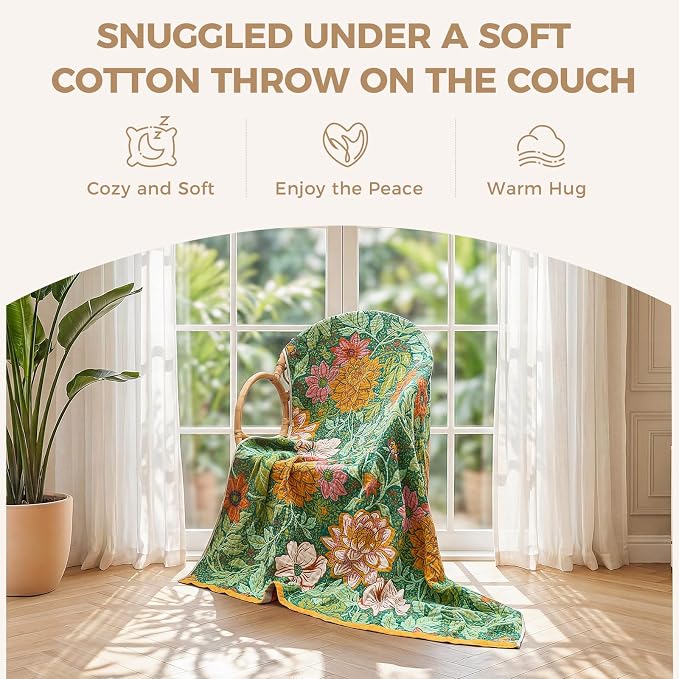LUTBM Boho Throw Blanket for Bed 60"x80", All Season Cotton Couch Blankets | Green Reversible Floral Jacquard, Muslin Twin Quilt, For Chair Sofa Living Room Decor, Lightweight & Breathable 4-Layer Gauze