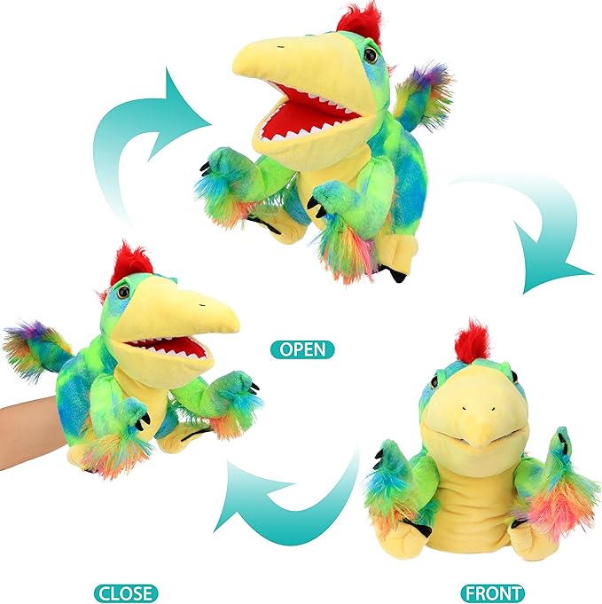 Cuteoy Plush Caudipteryx Hand Puppet Stuffed Animal Toy Open Movable Mouth Creative Role Play Storytelling Dinosaur Plushies Gifts for Kids Toddlers Birthday Christmas