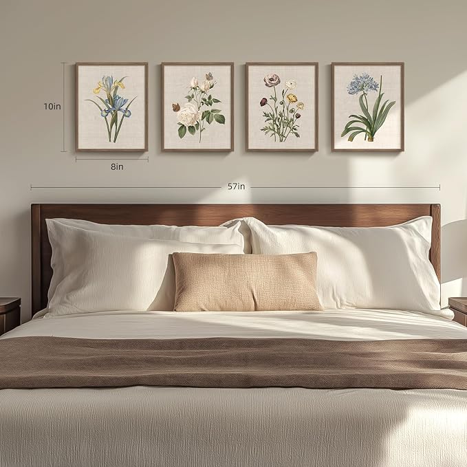 Framed Vintage Floral Botanical Wall Art for Bathroom, 4 Piece 8x10 In | Farmhouse wall decor, Flower pictures, Rustic retro paintings, Ready to hang canvas prints, Kitchen bedroom home decor