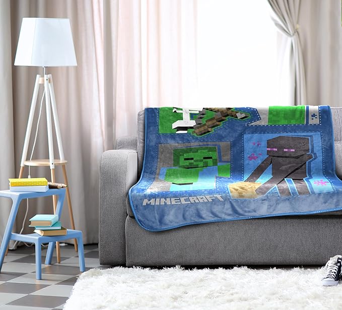 Jay Franco Plush Throw Blanket – 46" x 60" Inch Cartoon Kids Soft & Cozy Fleece Throw for Bedroom & Couch Décor, Official Licensed Product, Blue - Minecraft
