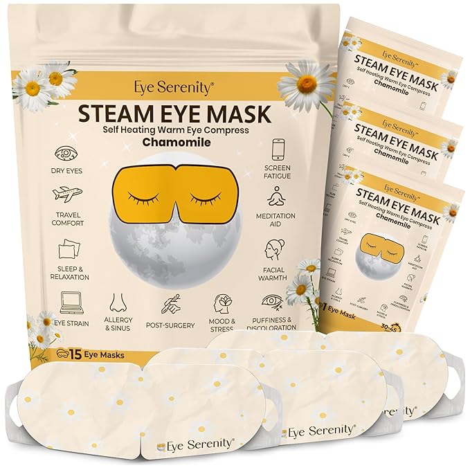 Lure Essentials Steam Eye Mask, Heated Eye Mask, Self Heating Warm Compress for Dry Eyes, Fast Relief for Stye, Puffy Sensitive Eyes, Moist Heat, Relaxation Gifts for Women and Men - Chamomile