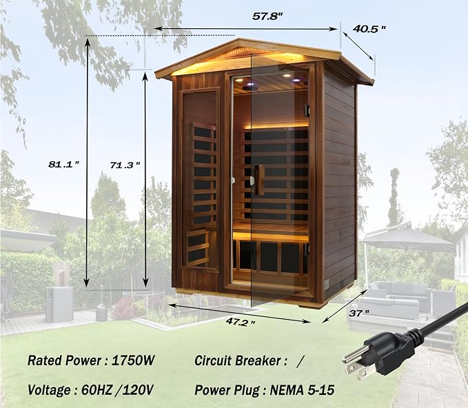 Full Spectrum Ultra-Low EMF Outdoor Sauna 2 Person, Red Cedar Far Infrared Saunas for Home, Near&Mid-IR Light, EMF 0.1-1.5mG, Bluetooth & Chromotherapy