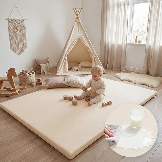 Huloo Sleep Baby Play Mat 65x50 Inches, 1.3" Thick Padded Waterproof Floor Cushion & Playpen Mat with Vegan Leather, Non-Slip & Non-Toxic Nursery Rug for Infants, Toddlers & Kids(Beige)