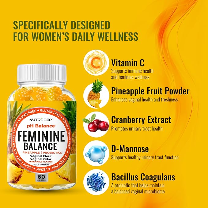 NutraPep Feminine Balance Probiotics Gummies for Women - Vaginal Health & Women's pH Balance Natural Gummy Supplement with Cranberry Pineapple Powder - Sugar Free Gluten Free Vegan