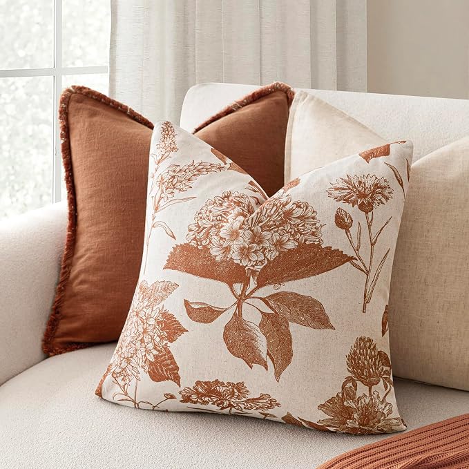 Foindtower Set of 2 Linen Floral Throw Pillow Covers Vintage Accent Print Decorative Cozy Cushion Covers Farmhouse Boho Home Decor for Sofa Chair Couch Bedroom Living Room,22×22 Inch,Autumn Orange
