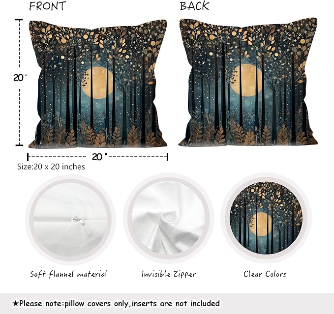 Vintage William Morris Inspired Gold Moon Pillow Covers 18x18 Set of 2,Rustic Black and Gold Moon Forest Botanical Nature Landscape Decorative Throw Pillow Covers for Home Bedroom Living Room