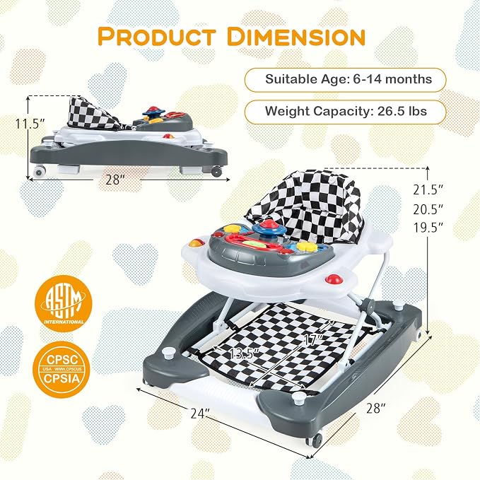 BABY JOY 6-in-1 Baby Walker, Foldable Baby Walker with Wheels, Adjustable Height, Music, Lights, Bouncer & Rocker Mode, Baby Walkers for Boys Girls 6-14 Months (Gray)