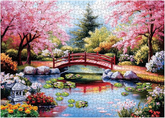 Garden Landscape Painting Jigsaw Puzzle 1000 Piece for Adult, Colorful Art Flower Cherry Blossom Plant Jigsaw Puzzles, Pretty Aesthetic Lotus Puzzle