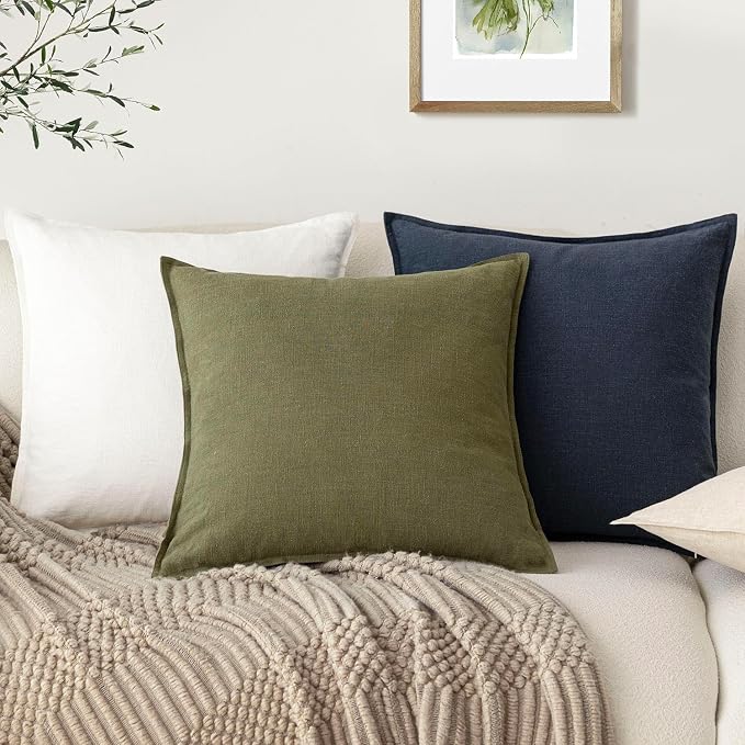 Foindtower Pack of 2, Decorative Linen Solid Throw Pillow Covers Soft Accent Cushion Case Boho Farmhouse Pillowcase for Chair Couch Sofa Bedroom Living Room Home Decor 22 x 22 Inch Olive Green