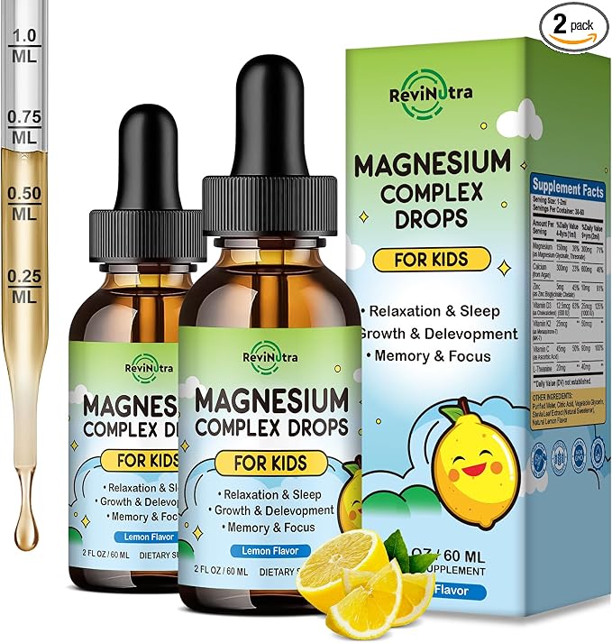 (2 Pack) Magnesium Glycinate Liquid for Kids, Kids Magnesium Liquid Drops Supplement with L-Theanine, Calcium, Zinc, Vitamin D3 K2 for Sleep Calm Relaxation Brain Bones Focus, Lemon Flavor 4 Fl Oz