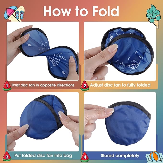 End of the Year Gifts for Students Bulk Foldable Flying Disc Fans Set with Stickers Bags, End of Year Student Gifts from Teacher Beach Fun Folding Pocket Hand Fans for Outdoor Activities Games