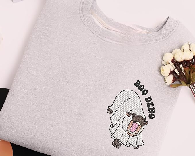YOUNG GREEN Moo Deng Embroidered Sweatshirt Moo Deng Bouncy Pig Shirt Cute Baby Hippo Sweatshirt Gift For Moo Deng Lovers