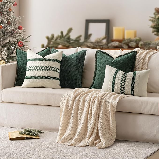 MIULEE Decorative Couch Throw Pillow Covers 20x20 in Christmas Green 2 Pack | Modern Boho Accent, Soft Chenille Pillow Covers, Farmhouse Cushion Cases for Home Decor Bed Sofa Living Room