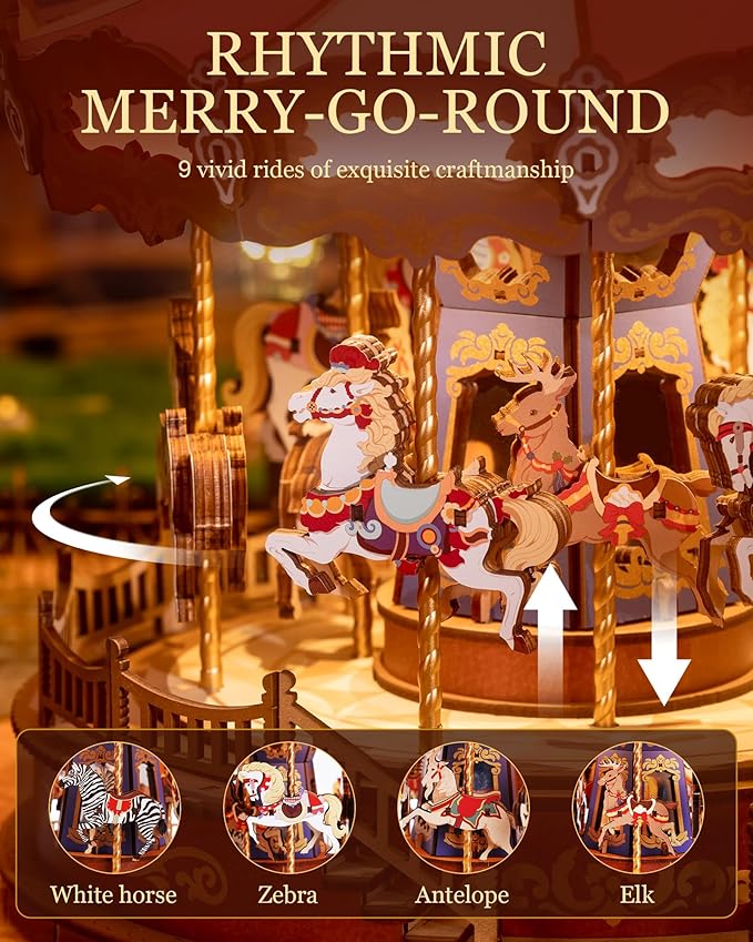 Rowood 3D Puzzles for Adults,Wooden Carousel Music Box for Adults,DIY Christmas Collectible Building Model Kit - Classic Carousel