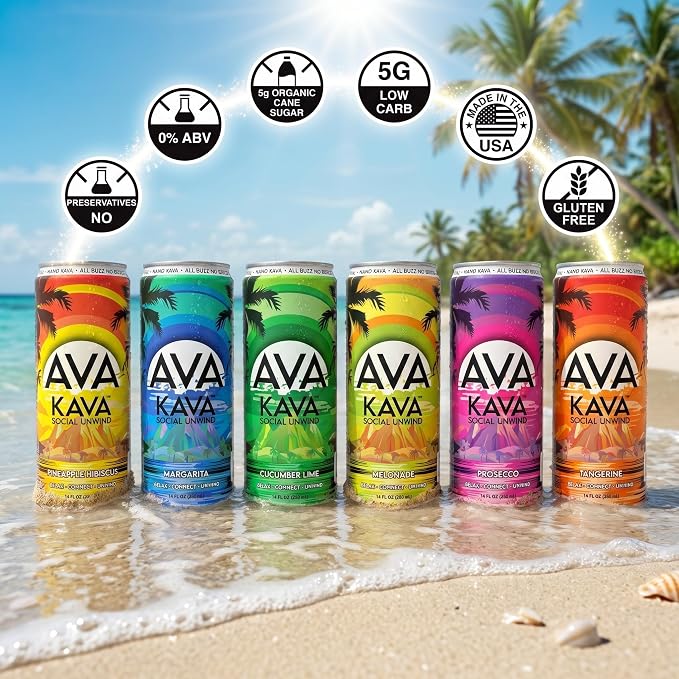 AVA Kava | Alcohol-Free Relaxation Drink | Variety Pack | Fast Acting Nano Kava • Zero Sugar Alcohols • Vegan • Plant Based • No Preservatives • Natural Flavors • Non GMO • Gluten Free | 12oz Cans (12-Pack)