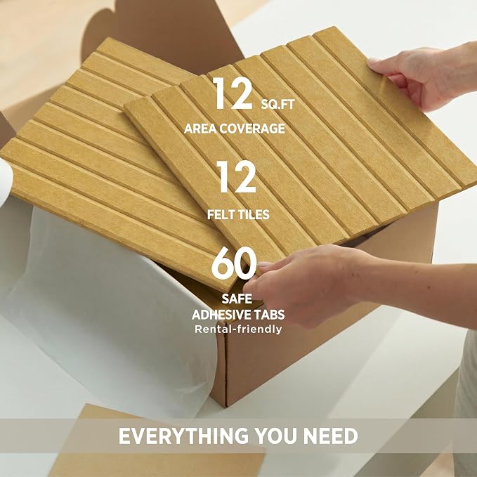 Large Felt Bulletin Board 48 x 36 Inch - 12-Pack Square Acoustic Wall Panels, Cork Board Alternative, NRC 0.95, Damage-Free Adhesive, Slatted Design for Home, Classroom (Mustard)