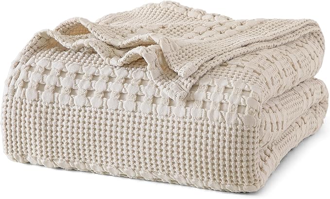 PHF 100% Cotton Waffle Blanket Twin Size, Lightweight Breathable Summer Blanket for Hot Sleepers, Pre-Washed Soft Layer for Bed, Dorm, Couch & Guest Room, Home Decor Gift, 66"x90", Light Taupe/Oatmeal