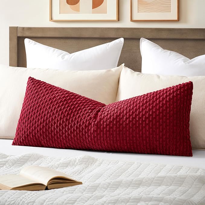 Kevin Textile Soft Corduroy 20"x54" Body Pillow Cover 1 Pack, Burgundy | Boho Stripe Plush Corduroy Decorative Oblong Cushion Cover Modern Farmhouse Home Decor for Sofa Couch Bed Chair