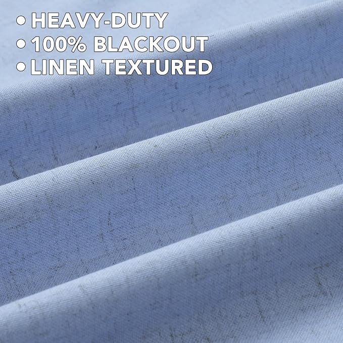 H.VERSAILTEX Linen Curtains 100% Blackout Curtains for Bedroom 84 inch Long Full Light Blocking Nature Linen Blended Window Curtains for Living Room Nickel Grommet (2 Panels, Heathered Chambray Blue)