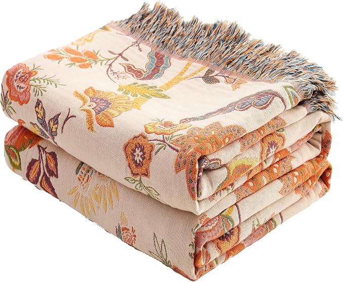 VANJOROY Boho Throw Blanket for Bed Couch 50" x 60", 100% Organic Cotton Skin-Friendly Ultra Soft Quilt Throw - Floral Rustic Living Room Decor Luxury Reversible Blanket for Sofa Chair and Gift