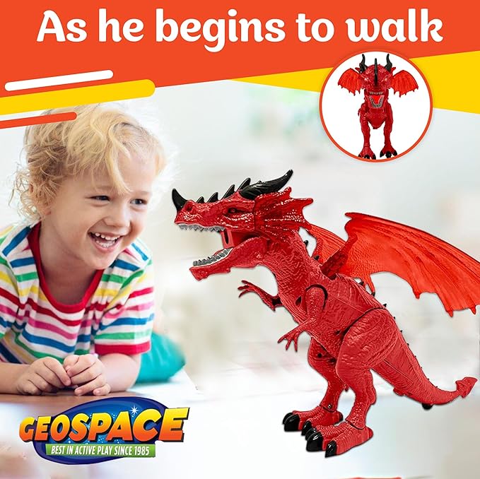 Geospace New Dragon Walking Dinosaur Toy – Smoke Breathing Fire Dragon Toy for Kids 3 & up, Walking Dinosaur Toys with Lights, Roaring Sound, Dragons Action Figure, Dragons for Gift (Firestorm)